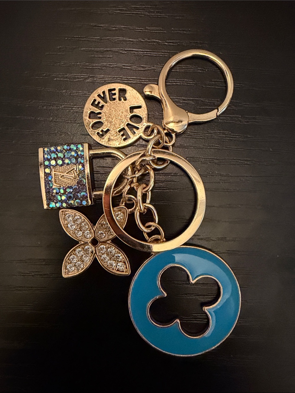 Inspired Gold-Tone Key & Card Holder Charm with Blue Enamel Clover and Lock